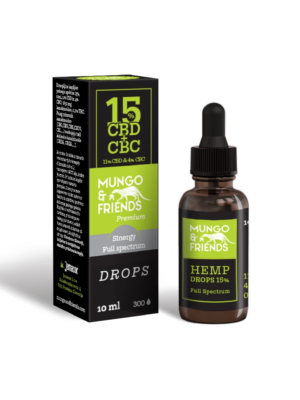CBD hemp drops bottle and box by Mungo & Friends; green labels, dropper cap, 15% CBD, 10 ml bottle Side view