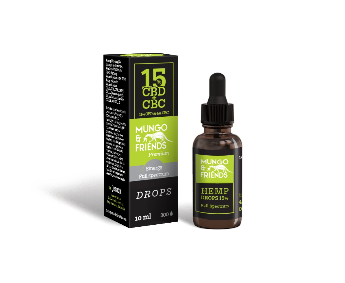 CBD hemp drops bottle and box by Mungo & Friends; green labels, dropper cap, 15% CBD, 10 ml bottle Side view