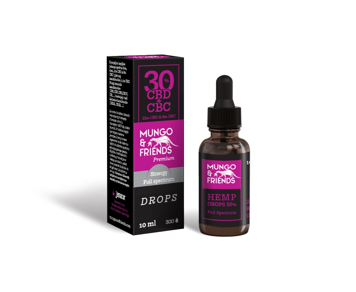 Bottle of Mungo & Friends Hemp Drops 30% Full Spectrum with pink label next to its black packaging box, 10 ml bottle and dropper visible.