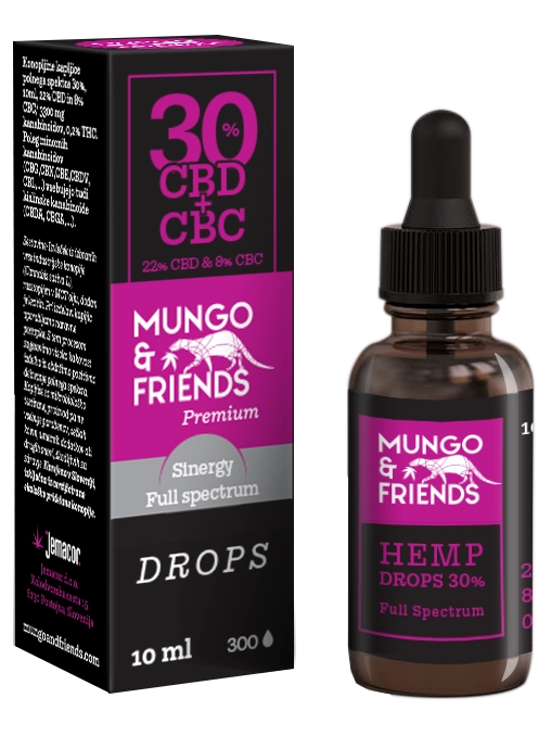 VOL-450 - Volcano Premium Herbstones Box and brown dropper bottle of Mungo & Friends Hemp Drops, 30% CBD+CBC, full-spectrum, purple branding.