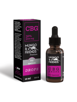 Mungo & Friends CBG Drops bottle beside its black‑pink packaging, full‑spectrum tincture, 10 ml