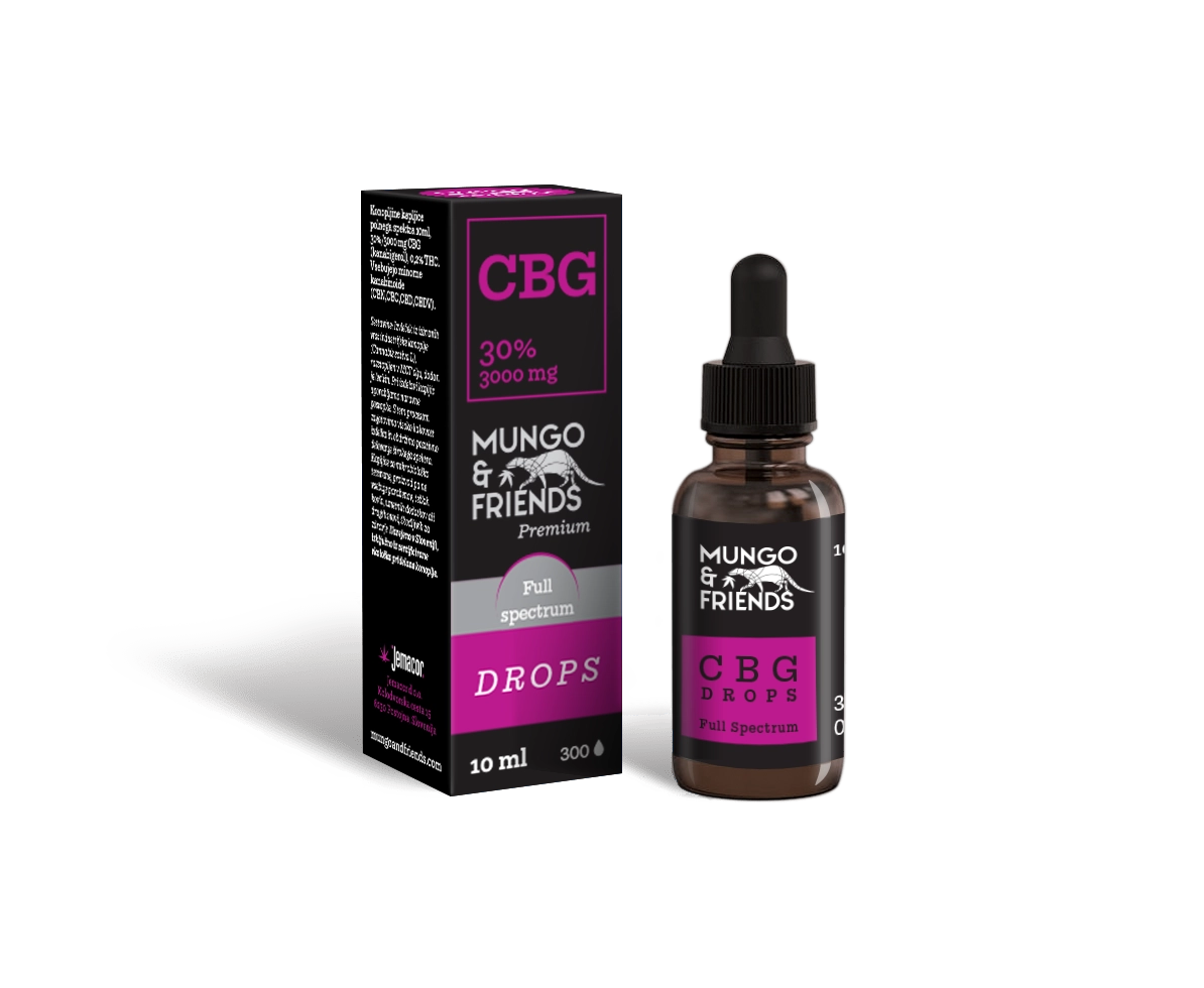 Mungo & Friends CBG Drops bottle beside its black‑pink packaging, full‑spectrum tincture, 10 ml