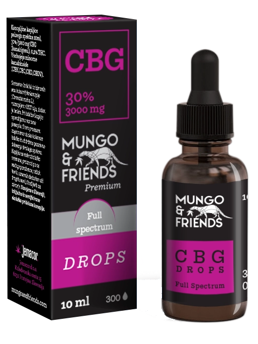 VOL-452 - Volcano Premium Herbstones Mungo & Friends CBG Drops bottle and matching pink/black box labeled Full Spectrum, 30% CBG 3000 mg, 10 ml