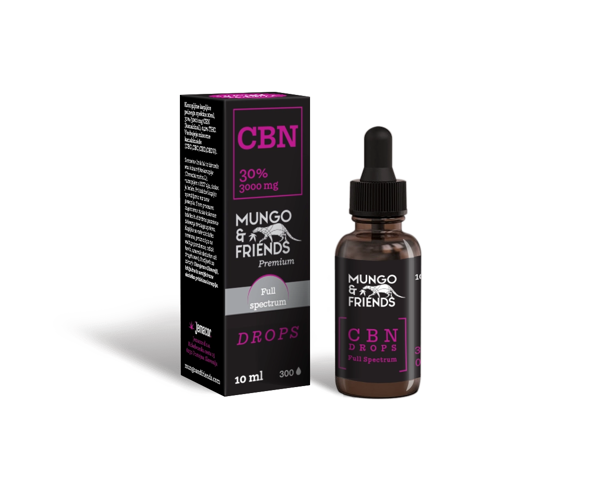 Mungo & Friends CBN Drops bottle and box, full‑spectrum, 10 ml