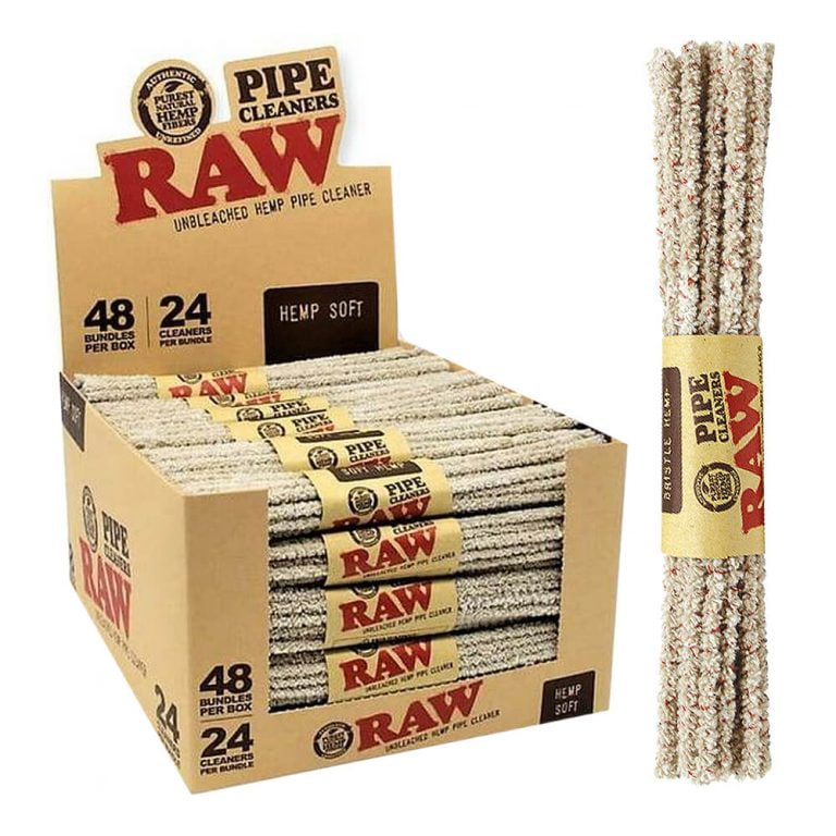 Box of RAW hemp pipe cleaners with 48 bundles per box and a few loose cleaners beside it, labeled RAW