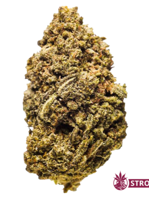 VOL-843-stong - Volcano Premium Herbstones Dense cannabis bud with frosty trichomes and orange pistils, close-up image with a Strong logo in the corner.