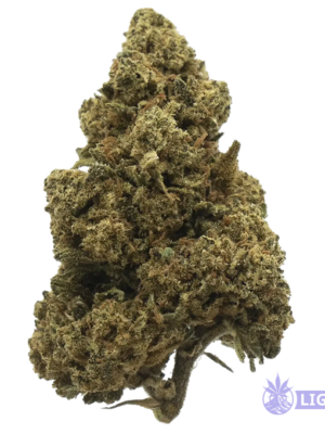 Close-up of a cannabis bud with dense frosty trichomes on a white background, with a small watermark in the corner.