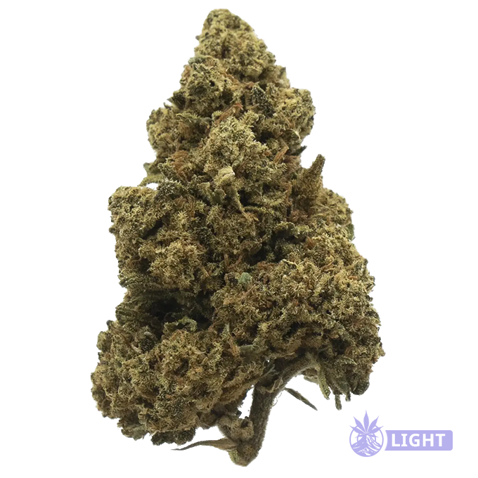 Close-up of a cannabis bud with dense frosty trichomes on a white background, with a small watermark in the corner.