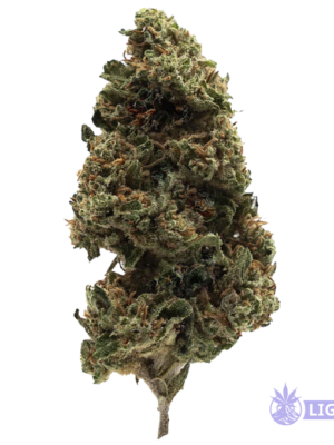 Close-up of a cannabis bud with frosty trichomes and orange hairs.