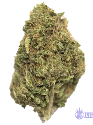 Close-up of a frosty green cannabis bud with orange hairs and dense trichomes.
