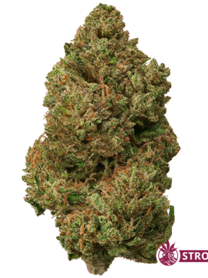 Dense cannabis bud with frosty trichomes and orange pistils, labeled STRONG (product image).