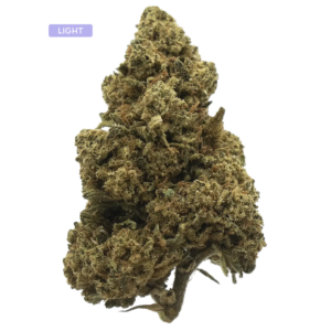 Dense cannabis bud with frosty trichomes and orange hairs, placed on white background with a small lavender 'LIGHT' label