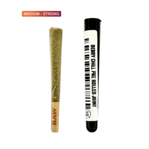 Two cannabis joints side by side: left in RAW paper, right in a labeled Berry Chill free-rolled joint tube; a 'Medium – Strong' badge above.