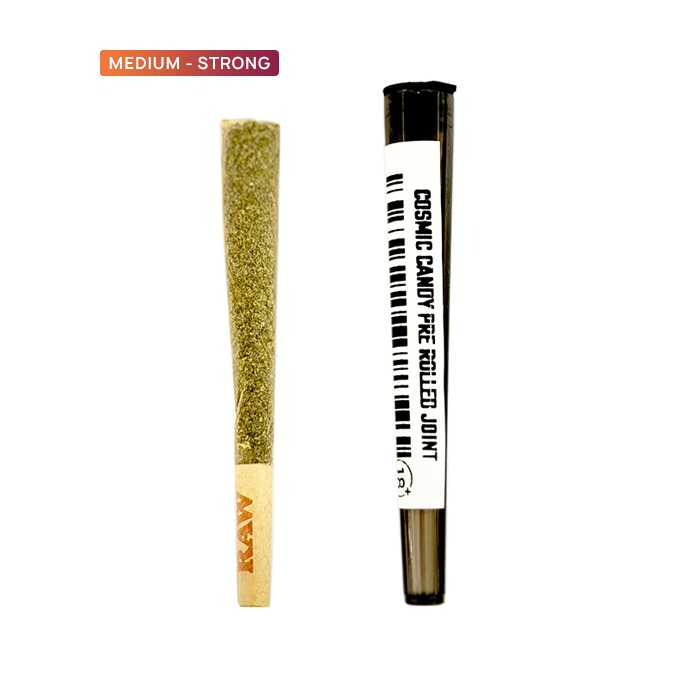 Two cannabis joints on a gray background: a gold-colored rolled joint on the left and a labeled pre-rolled joint on the right.